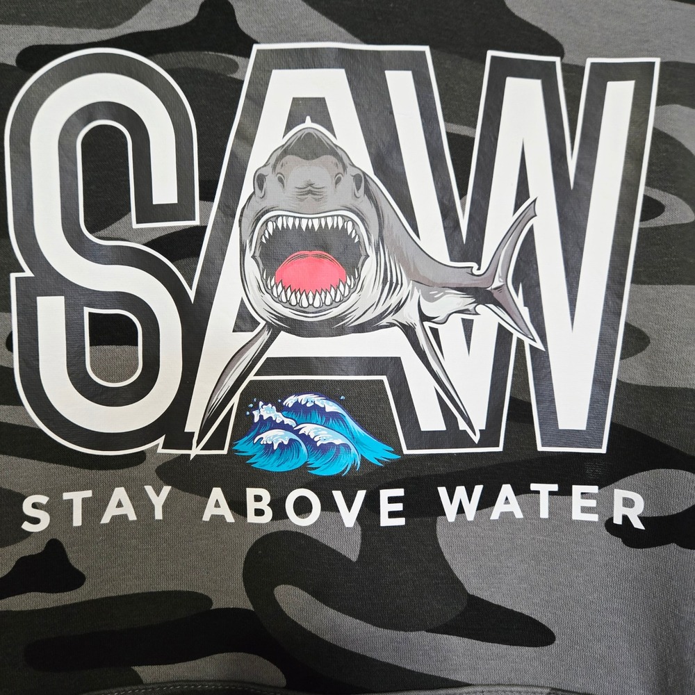 Mens Gray Camo Shark Saw Stay‎ Above Water Hoodie Sweatshirt L